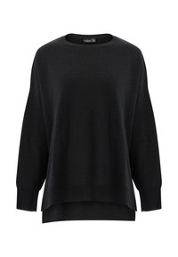 Schwarzer übergroßer Pullover mit Rundhalsausschnitt, langen Ärmeln und strukturierter Oberfläche. Verfügt über einen Schlitzsaum und eine lockere Passform für hohen Komfort.