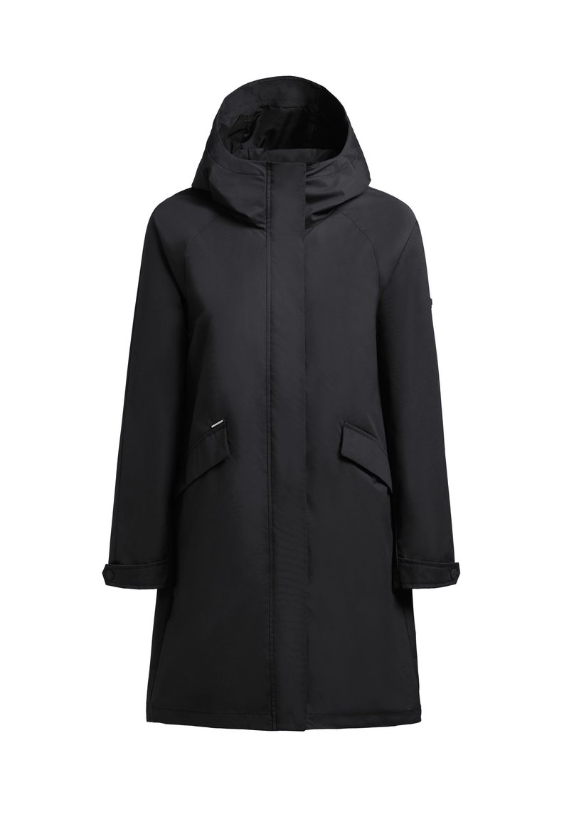 Manteau imperméable noir avec un col haut, une capuche et des manches longues. Dispose de deux poches avant et d'un design élégant et minimaliste.