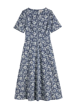 Abito midi blu con stampa floreale bianca, maniche corte, vita aderente e scollo rotondo.