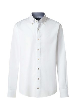 Chemise blanche à manches longues avec col à boutons, présentant des boutons dorés et un col intérieur à motif contrastant.
