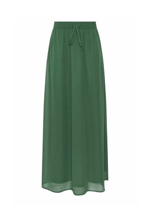 Falda verde hasta el tobillo con cintura elástica y nudo frontal, tela ligera y fluida, diseño casual.