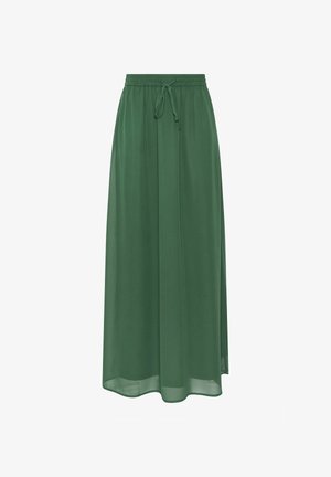 Gonna verde alla caviglia con vita elasticizzata e laccio frontale, tessuto leggero e fluente, design casual.