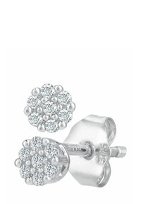 Sølv studs med en blomsterdesign bestående af klynger af klare, funklede sten indlejret i en poleret indstilling.