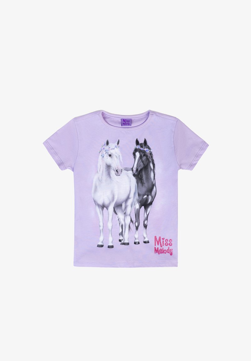 T-shirt lilla con una grafica di due cavalli, uno bianco e uno nero, adornati con corone di fiori; "Miss Melody" in glitter rosa nella parte inferiore.