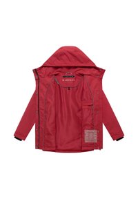 Crvena jakna s kapuljačom otvorena da se vidi unutarnja podstava, unutarnji džep sa zatvaračem i etiketa marke "MARIKOO" unutar ovratnika.