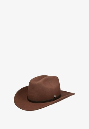 Brown felt cowboy hat with a black braided band and a small round metallic emblem on the side, displayed against a white background.