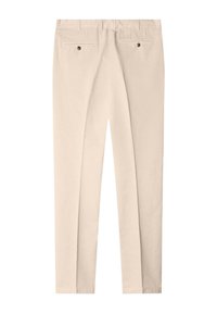 Pantaloni beige su misura con passanti per cintura, due tasche posteriori con patta e bottone, e design a gamba dritta.