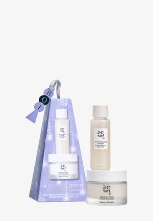 Ensemble de produits de soin de la peau Beauty of Joseon avec Glow Replenishing Rice Milk et Dynasty Cream, présenté avec un emballage à thème violet.