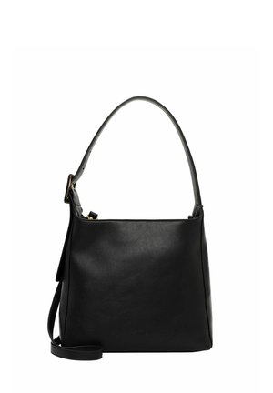 Black leather handbag with a single adjustable shoulder strap, a square shape, smooth texture, and a minimalistic design.