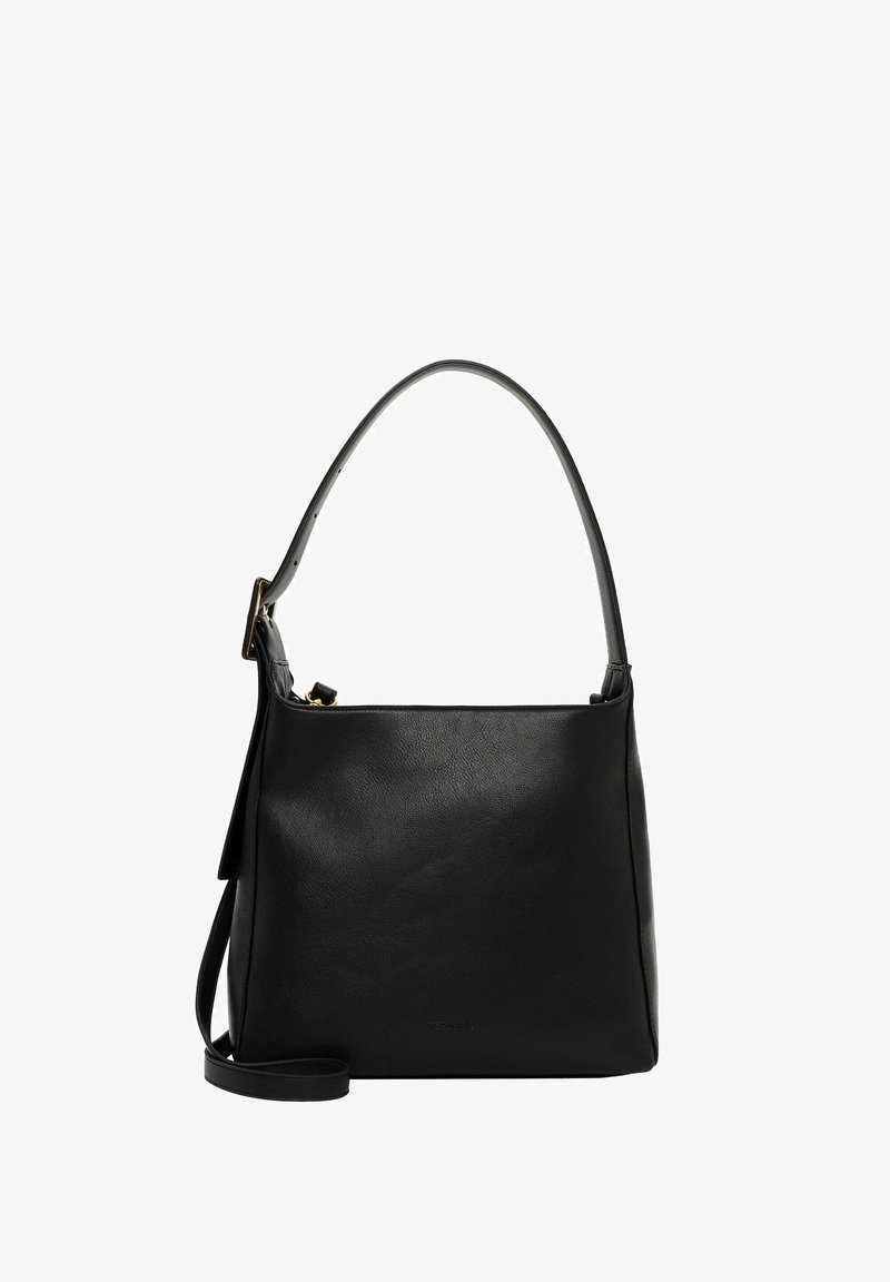 Borsa a tracolla in pelle nera con una sola tracolla regolabile, di forma quadrata, superficie liscia e design minimalista.