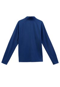 Långärmad, mörkblå träningsskjorta med hög krage, sömlös axeldesign och texturerad tyg. Bakifrån syns släta sömmar.