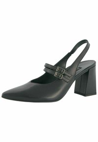Chaussure slingback en cuir noir avec un bout pointu, deux boucles réglables et un talon carré bloc. Texture lisse et design épuré.