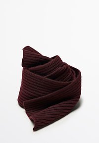 Burgundy ribbed scarf, made of soft fabric, twisted into a loose coil, showcasing a textured pattern and smooth edges.