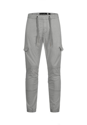 Gray cargo pants with elastic waistband and cuffs, drawstring closure, knee seams, and side flap pockets.
