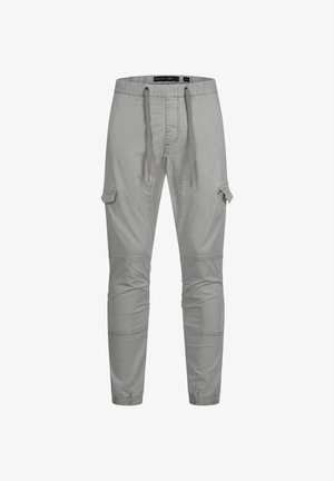 Grijze cargobroek met elastische tailleband en boorden, trekkoordsluiting, knie naden en zijklepzakken.