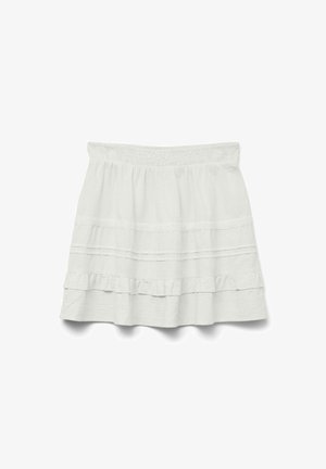 White, tiered skirt made of lightweight fabric with an elastic waistband. Features ruffled edges and flat band accents. Simple design.