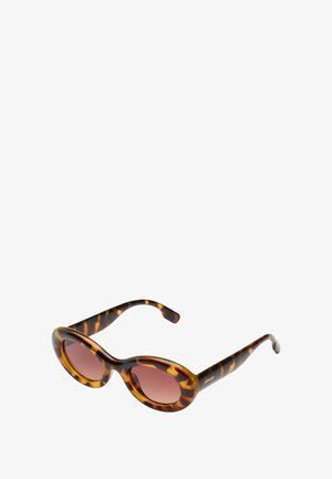 Tortoiseshell zonnebril met ovale lenzen en een verloop-tint in roze, voorzien van dikke monturen en gebogen armen voor comfort en stijl.