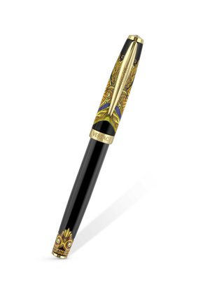 Sort pen med guldklemme og bånd, prydet med farverige ornamentale barokmønstre og "VERSACE" indgraveret på det gyldne bånd nær låget.