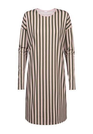 Gestreepte langek mouwen jurk in groen, roze en geel. Zachte stof met een ronde halslijn en een relaxte pasvorm, met verticale strepen.