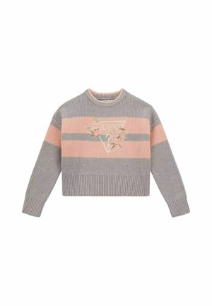 Pull en maille rayé gris et rose à manches longues, col rond, avec broderie florale sur un logo triangulaire subtil sur la poitrine.