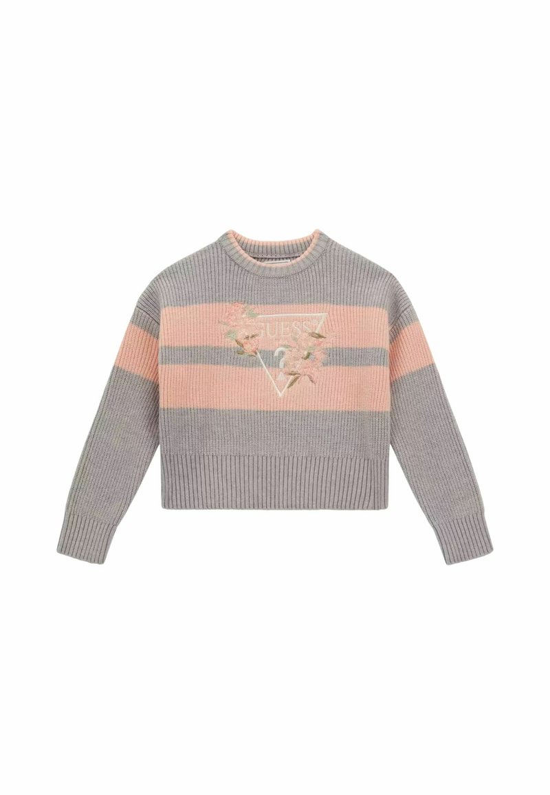Pull en maille rayé gris et rose à manches longues, col rond, avec broderie florale sur un logo triangulaire subtil sur la poitrine.