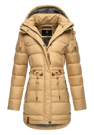 Beige puffer jacket with a hood, featuring a textured gray lining, front zipper, drawstring waist, and brown leather accents.