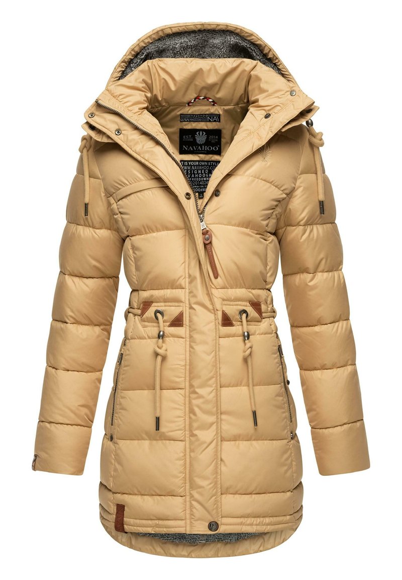 Beige puffer jacket with a hood, featuring a textured gray lining, front zipper, drawstring waist, and brown leather accents.
