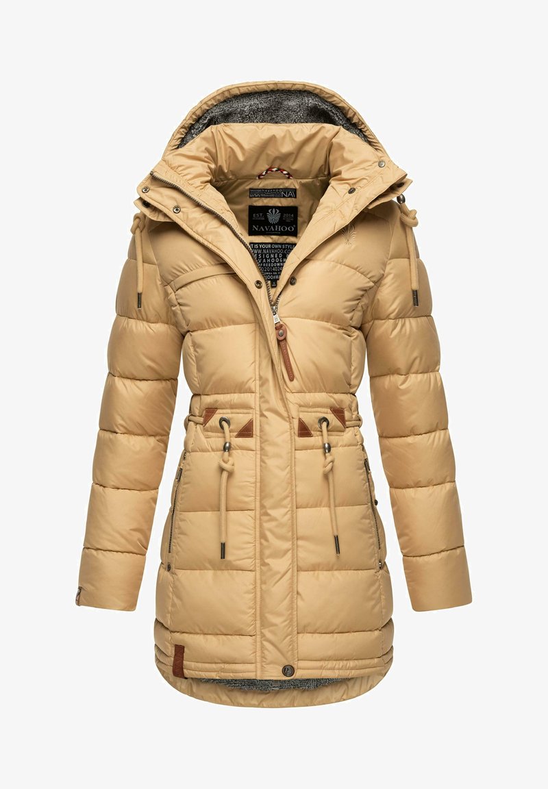 Beige puffer jacket with a hood, featuring a textured gray lining, front zipper, drawstring waist, and brown leather accents.