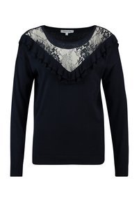 Marineblauer Pullover mit langen Ärmeln, Spitzeinsatz und Rüschensaum am Ausschnitt, mit V-Ausschnitt-Design und geripptem Saum.