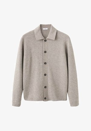 Cardigan gri din țesătură cu model ribbed. Este prevăzut cu guler, închidere cu nasturi și mâneci lungi. Evidențiat cu nasturi închiși la culoare.