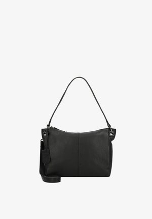 Schwarze Leder-Schultertasche mit einer weichen Textur. Merkmale sind eine geschwungene Form, ein Reißverschluss an der Oberseite, ein kurzer Griff und ein abnehmbarer längerer Trageriemen.