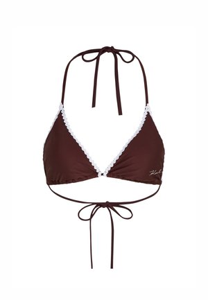 Hnedý bikiny top s bielym volánkovým okrajom, trojuholníkové košíčky a nastaviteľné viazanie na krku a vzadu. Tkanina je hladká a elastická.
