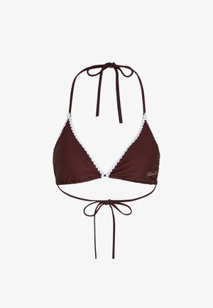 Hnedý bikiny top s bielym volánkovým okrajom, trojuholníkové košíčky a nastaviteľné viazanie na krku a vzadu. Tkanina je hladká a elastická.