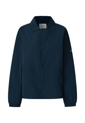 Veste bleu marine en tissu lisse, avec col, fermeture boutonnée, poignets élastiques et petite étiquette logo sur la manche.