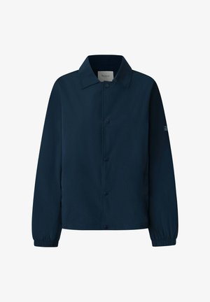 Tumesinise värvi jakk, mis on valmistatud siledast kangast, millel on krae, nööbitav esikülg, elastsed varrukapaelad ning väike logo silt varrukal.