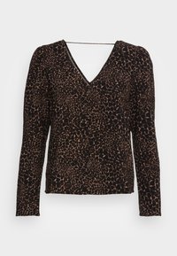 Långärmad topp i svart och brunt leopardmönster, med V-hals och avslappnad passform i ett mjukt, lätt material.