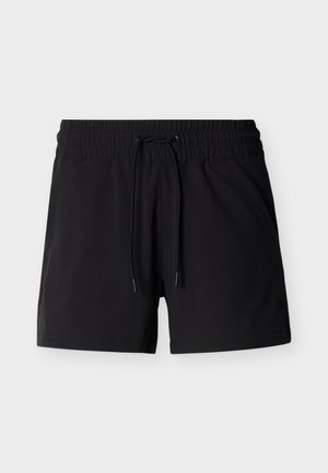 Μαύρο σορτς με ελαστική μέση και ρυθμιζόμενο κορδόνι, με ίσια ραφή στην άκρη, σχεδιασμένο για καθημερινή ή αθλητική χρήση.