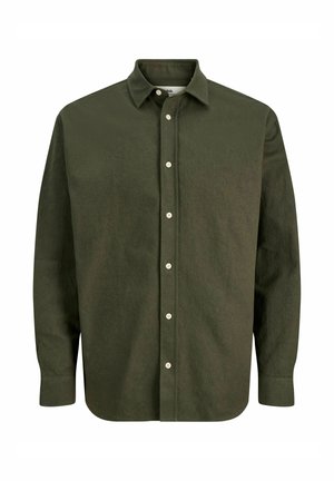Olive zaļš garām piedurknēm krekls no teksturēta auduma, ar klasisku apkakli, pogu priekšpusi un baltām pogām kontrastam.