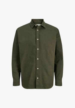 Olive zaļš garām piedurknēm krekls no teksturēta auduma, ar klasisku apkakli, pogu priekšpusi un baltām pogām kontrastam.