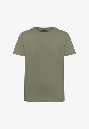 T-shirt w oliwkowym kolorze, wykonany z miękkiej bawełny, z okrągłym dekoltem i krótkimi rękawami, z prostym dołem i bez widocznych wzorów czy akcentów.