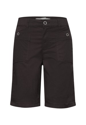 Shorts noirs longueur genou avec passants de ceinture, fermeture par bouton et deux poches plaquées à l'avant avec des détails bouton.