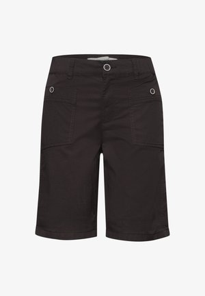 Shorts noirs longueur genou avec passants de ceinture, fermeture par bouton et deux poches plaquées à l'avant avec des détails bouton.