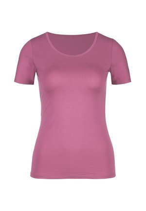 T-shirt ajusté à manches courtes et col rond, de couleur mauve unie, présenté sur un fond blanc.