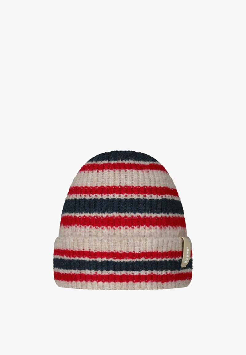 Knitted beanie in cream, red, and navy stripes. Features a folded cuff and a small branded tag on the side. Smooth texture.