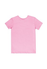 T-shirt in cotone rosa con maniche corte e scollatura rotonda. Il tessuto sembra morbido con una superficie liscia e senza motivi o dettagli visibili.