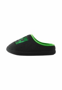 Black felt slipper with a green interior and trim, featuring a green pixelated design on the front. Rounded toe and soft sole.