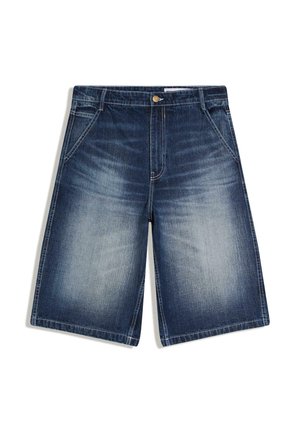 Pantaloni scurți din denim albastru închis, cu partea din față decolorată, buzunare laterale și închidere cu nasture la talie.