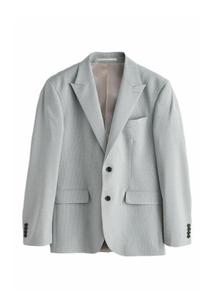 Light gray men's blazer with notch lapels, two black front buttons, three black sleeve buttons, and three front pockets, unbuttoned.