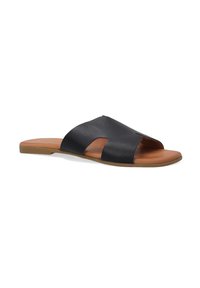 Sort læder slide-sandal med en bred overdel med udskæringsdesign, tan-farvet indersål og flad sål for komfortabelt brug.