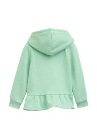 Felpa con cappuccio verde menta, con maniche lunghe e orlo arricciato, mostrata di schiena.